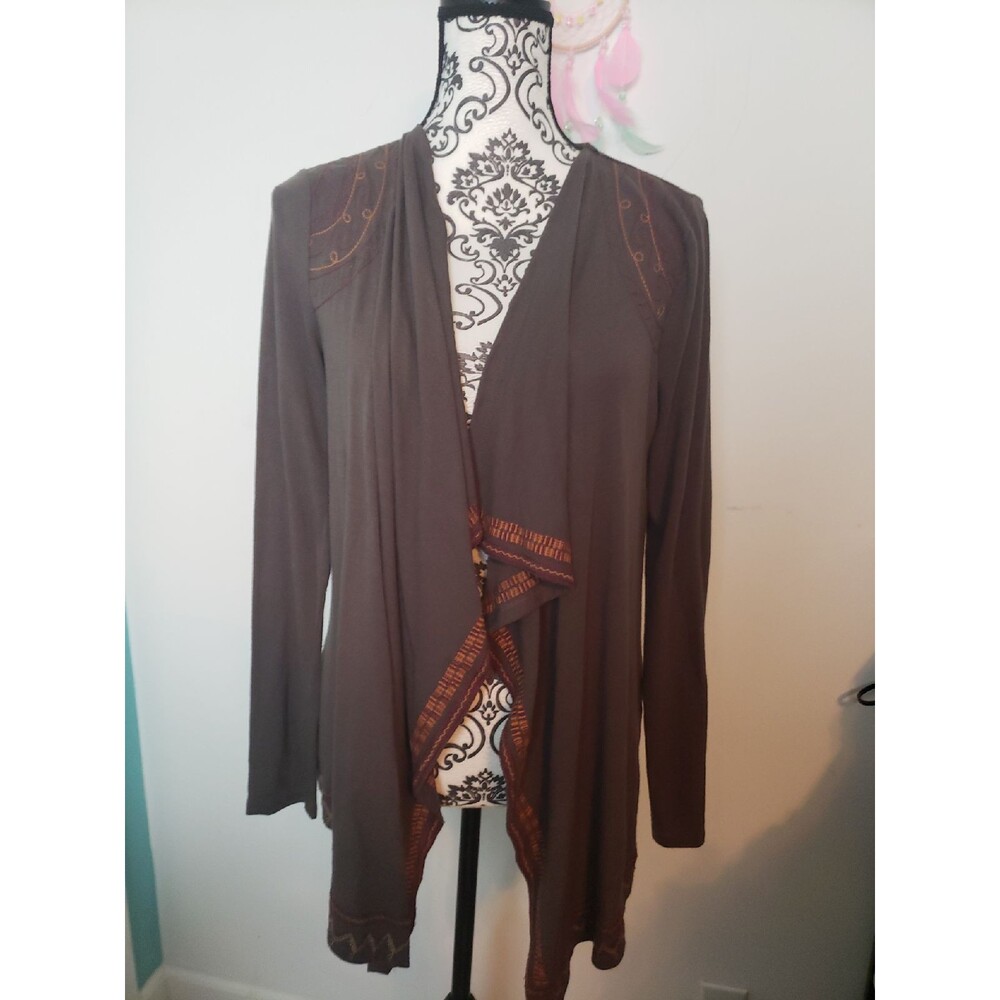Cupio Chocolate Brown Embroidered Drape Front Cardigan — Size M